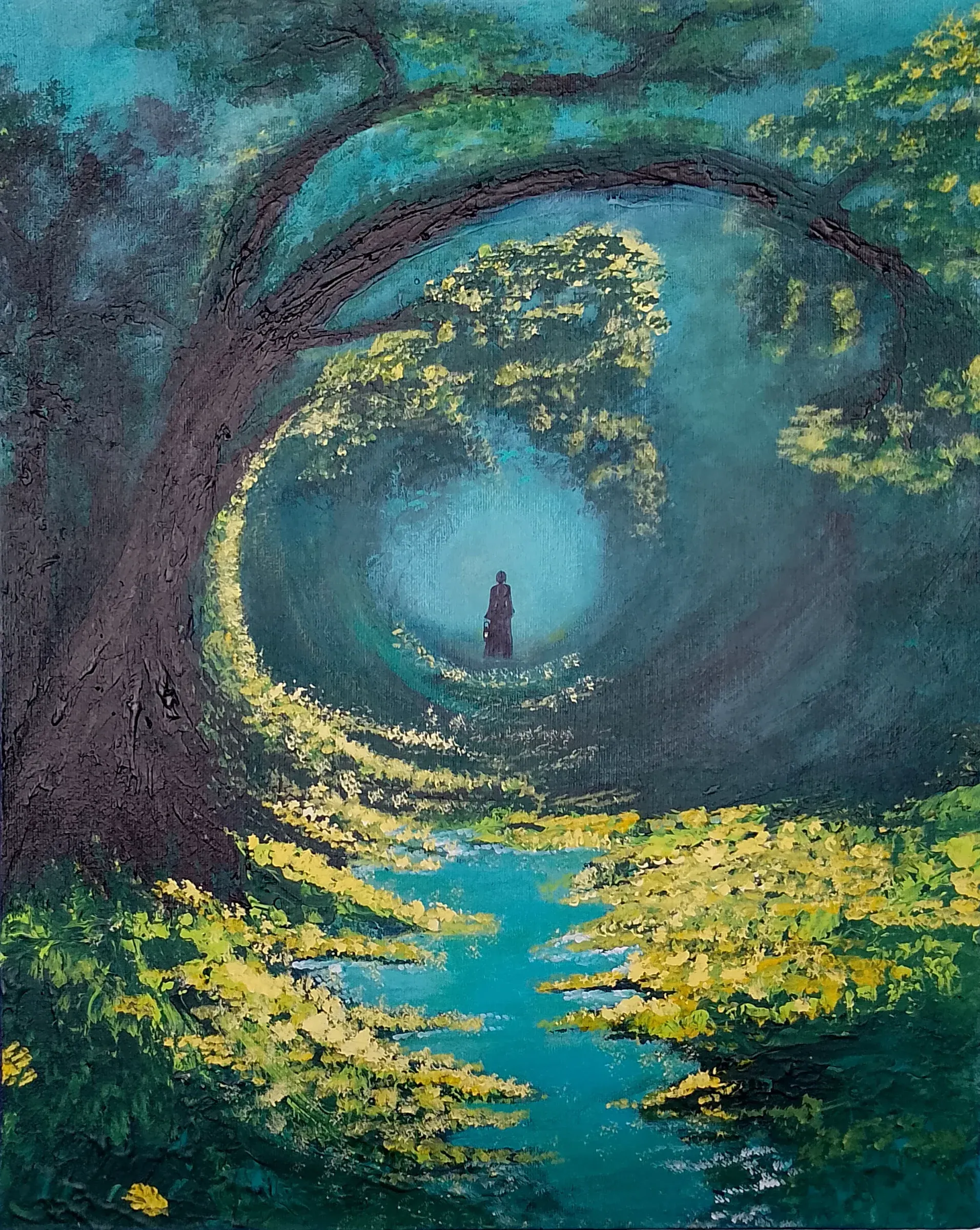 Árbol que forma un túnel de luz verde y amarilla sobre un río con una figura al fondo